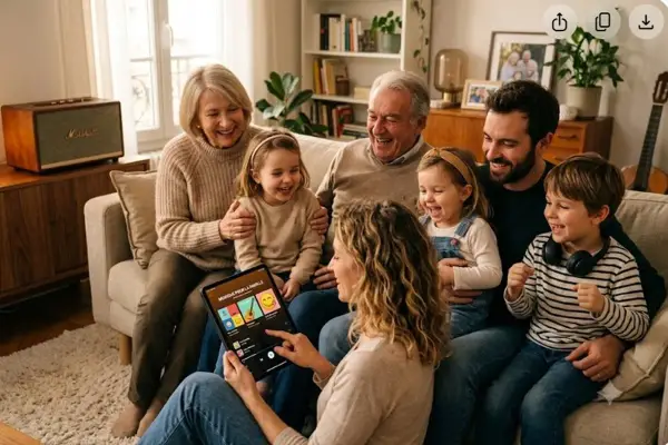 Une famille rit en choisissant un style de musique sur une tablette, créant une ambiance joyeuse.