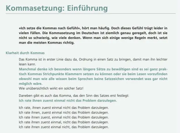 Text über Kommasetzung. Ein Satz erklärt, dass Kommas Ordnung schaffen, besser als nur Gefühl. Mehrere Beispiele zeigen, wie Kommas den Sinn verändern.