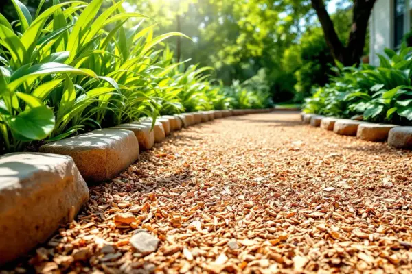Une allée en copeaux de bois serpente entre des plantes luxuriantes et des pierres, baignée par la lumière du soleil.