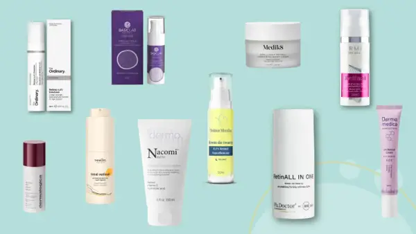 Szukasz odpowiedzi na pytanie: jaki retinol na poczatek? Na zdjęciu znajdziesz różne kosmetyki z retinolem i retinalem, idealne na start.