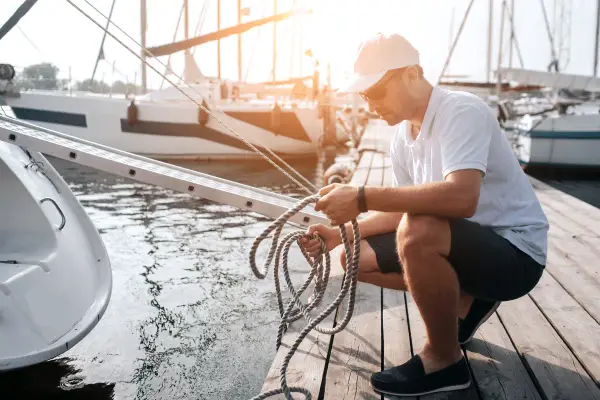 Un homme prépare une corde sur un ponton, près d'un bateau. Il manipule le cordage, peut-être pour un système de poulie.