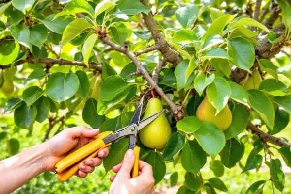 Mains tenant des ciseaux jaunes pour apprendre comment tailler un poirier, près de poires mûres sur une branche feuillue.