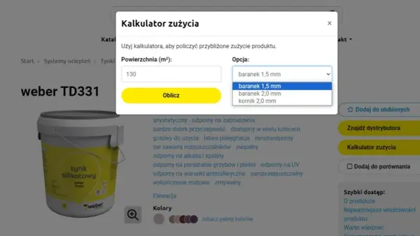 Kalkulator zużycia tynku silikonowego 25 kg. Wpisz powierzchnię 130 m² i wybierz opcję baranek 1,5 mm, aby obliczyć potrzebną ilość.
