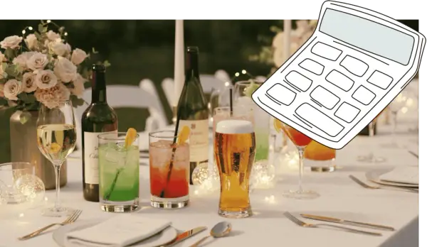 Hochzeitstisch mit Getränken und einer Rechner-Grafik. Hilft bei der Planung: wie viel wein pro person hochzeit.