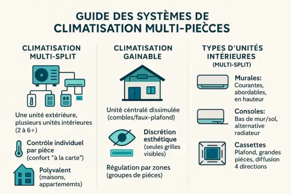 Guide des systèmes de climatisation multi-pièces : un split extérieur pour plusieurs unités intérieures, avec différents types d'unités intérieures (murales, consoles, cassettes).