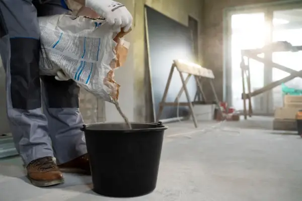 Budowlaniec wsypuje mieszankę do wiadra, przygotowując beton na styropianie. Kluczowa jest minimalna grubość wylewki betonowej na styropianie.