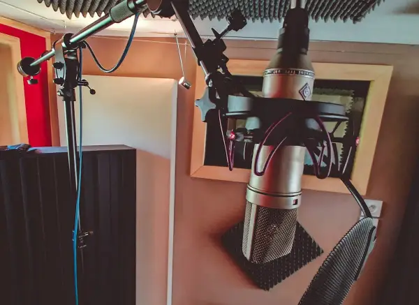 Microphone studio avec directivité cardioïde, prêt pour l'enregistrement d'une voix ou d'un instrument.