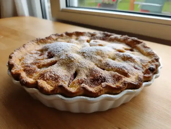 En gyllene rabarberpaj med kardemumma, pudrad med florsocker, står på ett träbord.