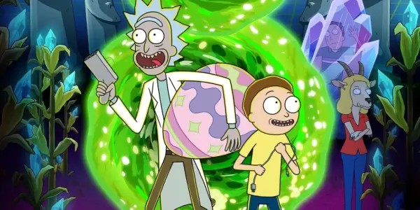 Rick e Morty, con un portale verde brillante, un uovo colorato e una capra. Le recensioni di Rick and Morty sono sempre folli!