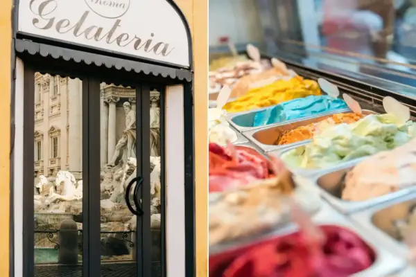 Devant une gelateria romaine, des bacs de glaces italiennes aux couleurs vives invitent à la dégustation.