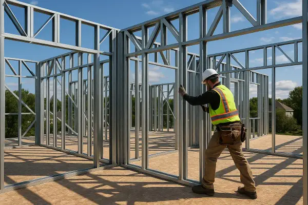 Obrero trabajando en la construccion steel framing de una casa. El sol ilumina la estructura metálica.