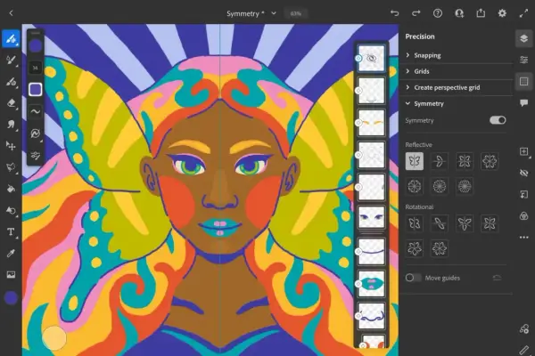 Kolorowy portret kobiety z motylimi skrzydłami, tworzony w programie Adobe Fresco z włączoną symetrią.