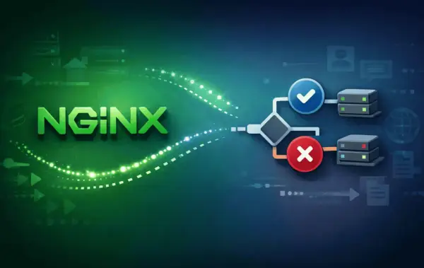 NGINX-Logo mit einem Flussdiagramm, das eine Entscheidung trifft: entweder Erfolg (grüner Haken) oder Fehler (rotes Kreuz), mit Servern und Symbolen.