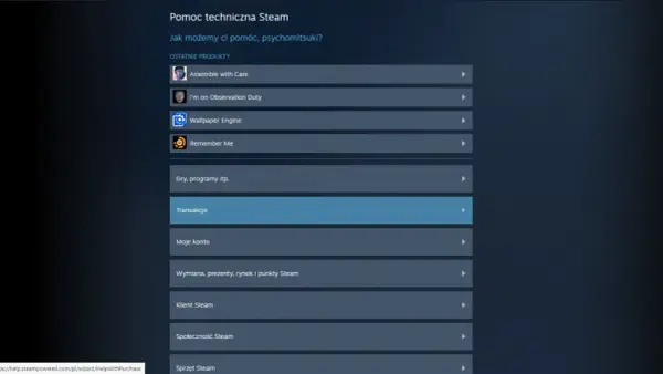 Pomoc techniczna Steam. Sekcja "Transakcje" może pomóc odpowiedzieć na pytanie, czy da się wyplacić pieniadze ze Steam.