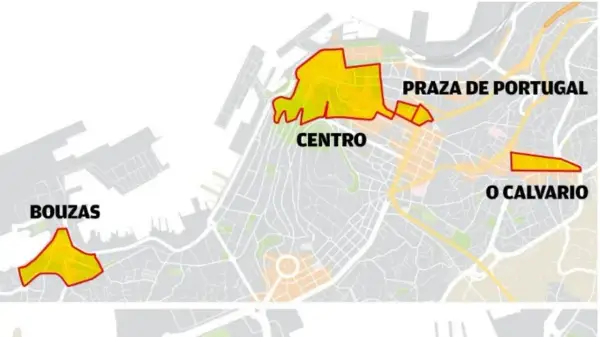 Mapa de Vigo con zonas resaltadas: Bouzas, Centro, Praza de Portugal y O Calvario. Ideal para planificar ir a Vigo en coche.