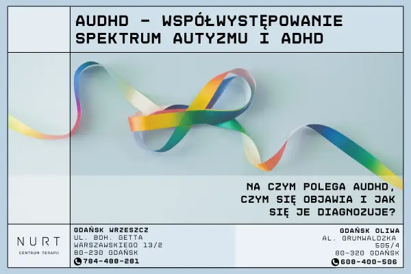Tęczowa wstążka symbolizuje spektrum autyzmu i ADHD. Plakat informuje o współwystępowaniu tych zaburzeń.