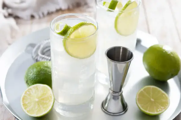 Due cocktail fizz rinfrescanti con fette di lime e ghiaccio, pronti per essere gustati.