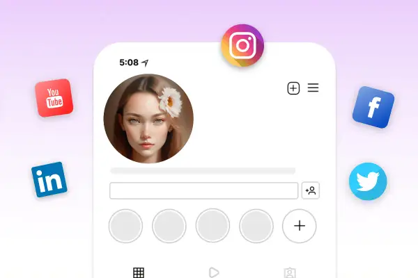 Profilowe na grupę: portret dziewczyny z kwiatem we włosach na tle ikon mediów społecznościowych (Instagram, YouTube, LinkedIn, Facebook, Twitter).