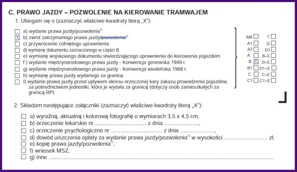 Formularz dotyczy prawa jazdy. Zaznaczono zwrot zatrzymanego prawa jazdy, co może być związane z tym, na ile zabierają prawo jazdy za prędkość.