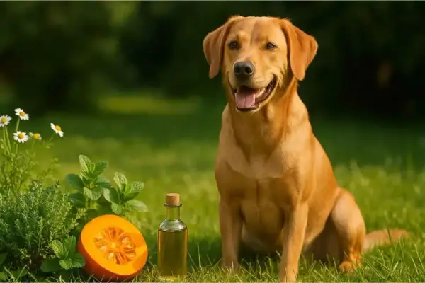 Labrador joyeux à côté d'une courge, d'herbes et d'une huile, suggérant un vermifuge chien naturel.
