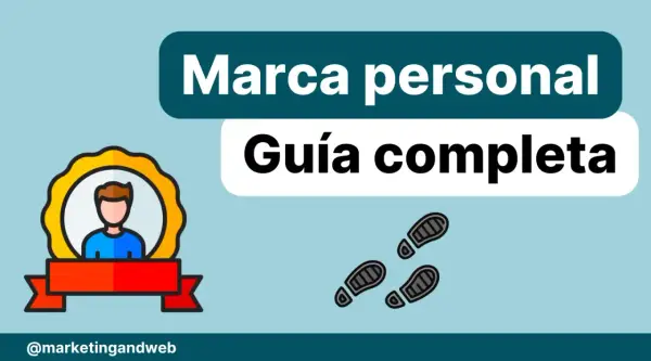Ilustración de una guía completa de marca personal, con un icono de persona premiada y huellas.