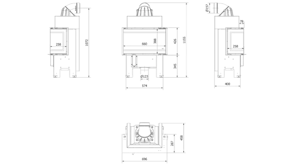 Rysunek techniczny przedstawia wkłady kominkowe z podanymi wymiarami: szerokość 660 mm, wysokość 388 mm, głębokość 400 mm.