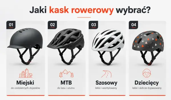 Jaki kask rowerowy wybrać? Cztery modele: miejski, MTB do lasu, szosowy lekki i wentylowany, oraz dziecięcy.
