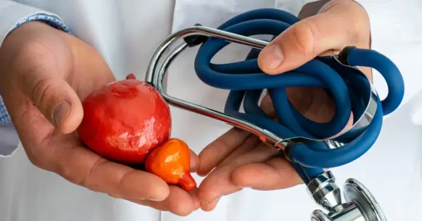 Dłonie lekarza trzymają model pęcherza i prostaty. Stetoskop symbolizuje troskę o zdrowie i prawidłową funkcję prostaty.
