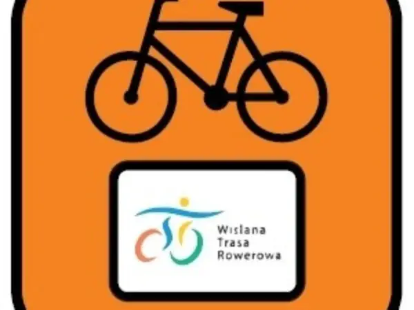 Znak rowerowy z symbolem roweru i logo "Wiślana Trasa Rowerowa". Idealny do planowania podróży z plikiem GPX.