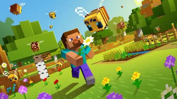 Steve z Minecrafta w otoczeniu pszczół, szukający fajnych komend do Minecrafta.
