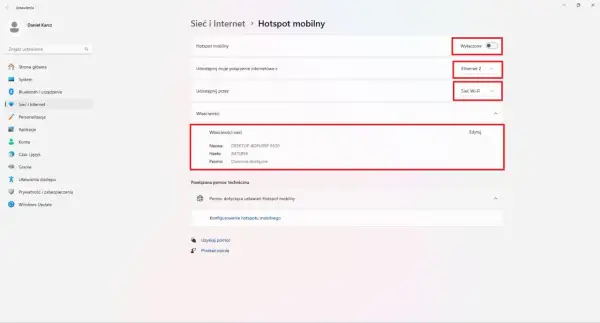 Ustawienia Hotspotu mobilnego: jak udostępnić hotspot na komputer. Widok panelu "Sieć i Internet" z opcjami konfiguracji.