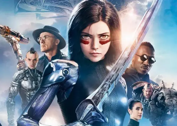 Alita Battle Angel: Alita z mieczem, otoczona przez innych bohaterów, w tym Hugo, Chiren i Ido.