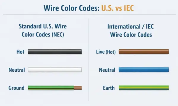 Comparaison des codes de couleur fil électrique : US (noir, blanc, vert) vs IEC (marron, bleu, vert/jaune).