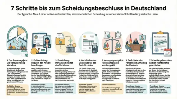 7 Schritte zur Scheidung: Trennungsjahr, Online-Antrag, Einreichung, Kosten, Versorgungsausgleich, Anhörung, Beschluss. Scheidungstermin verschieben ist nicht Teil des Prozesses.