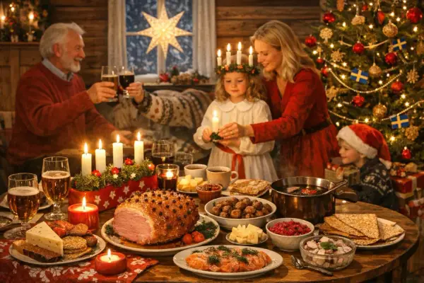 Familjen samlas kring julbordet för en mysig jul i Sverige. En stjärna lyser i fönstret, granen är klädd och ljusen tänds.