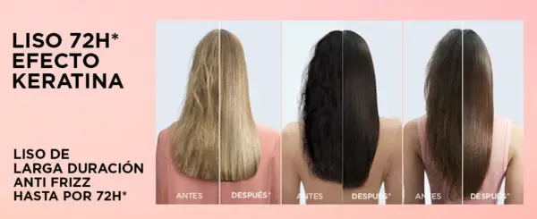 Tres mujeres muestran su cabello antes y después de un tratamiento de keratina, logrando un liso perfecto y duradero.