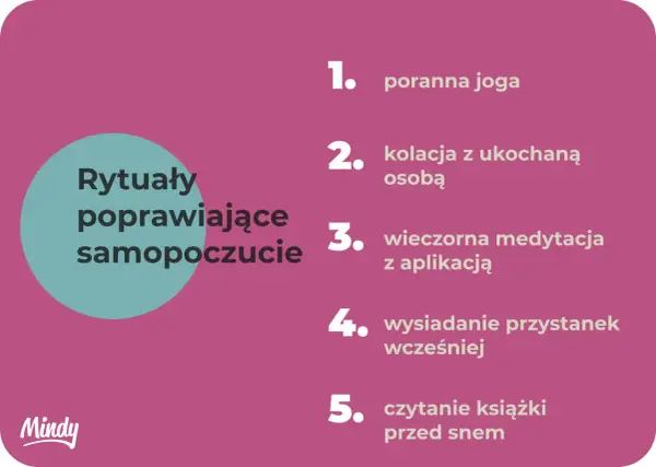 Rytuały poprawiające samopoczucie: poranna joga, kolacja z bliską osobą, medytacja, wcześniejsze wysiadanie z przystanku, czytanie książki. To jest rutyna co to.