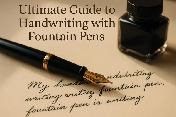 Une plume écrivain dorée repose sur du papier, à côté d'un encrier. Le texte "Ultimate Guide to Handwriting with Fountain Pens" est visible.