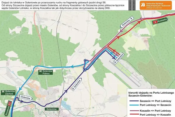 Mapa z zaznaczonymi trasami dojazdu do lotniska w Goleniowie z Koszalina i Szczecina.
