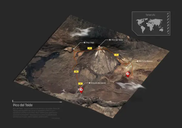 Trasa na Pico del Teide, najwyższy szczyt Teneryfy. Widok satelitarny z zaznaczonymi punktami i szlakiem.