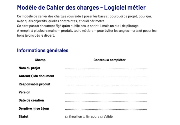 Modèle de cahier des charges pour un logiciel métier, avec champs pour les informations générales du projet.
