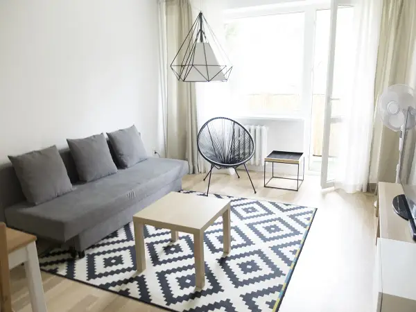Nowoczesny salon z szarą kanapą i geometrycznym dywanem. Stylowa metamorfoza pokoju tanim kosztem.