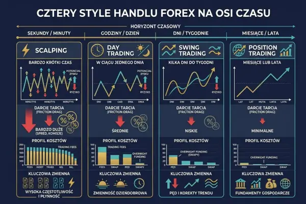 Cztery style handlu Forex: Scalping, Day Trading, Swing Trading, Position Trading. Wykresy pokazują sygnały giełdowe, ryzyko, koszty i kluczowe zmienne.