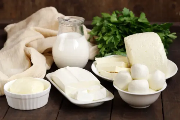 Varietà di formaggi freschi, tra cui mozzarelline e blocchi, con latte e erbe aromatiche. Ideali per chi cerca formaggi con poco sale.