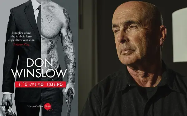 Copertina di "L'ultimo colpo", l'ultimo libro di Don Winslow, con un uomo tatuato in giacca e cravatta e il ritratto dell'autore.