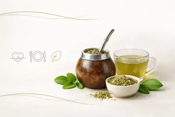 Niska zawartość yerba mate kcal. Tradycyjny naczynie z bombillą, filiżanka naparu i miseczka suszu, otoczone listkami mięty.