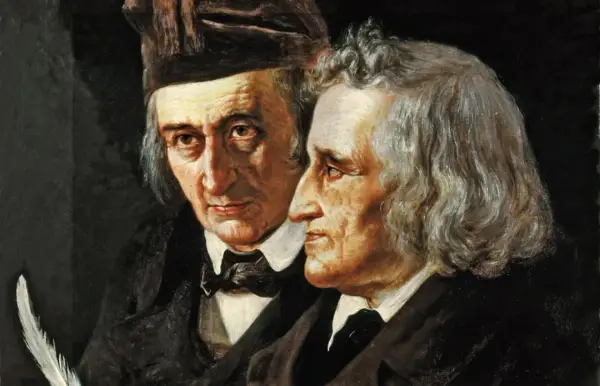 Portret braci Grimm, z piórem w dłoni jednego z nich, gotowych do spisania kolejnej baśni.