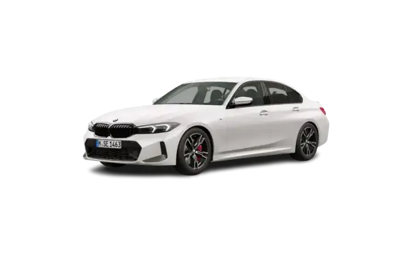 Białe BMW 318i z czarnym grillem i felgami, z czerwonymi zaciskami hamulcowymi.