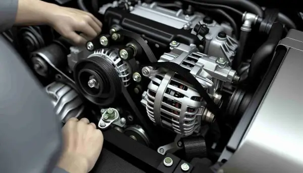 Hände am Motor, die Lichtmaschine ist sichtbar. Mögliche lichtmaschine defekt symptome sind hier zu sehen, wie ein lockerer Keilriemen.