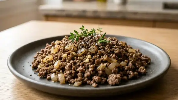 Viande hachée recette simple, garnie d'oignons et d'herbes fraîches, sur une assiette grise. Un plat savoureux et facile à préparer.